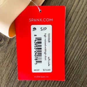NWT Spanx, size S, high waisted mid thigh, soft nude.